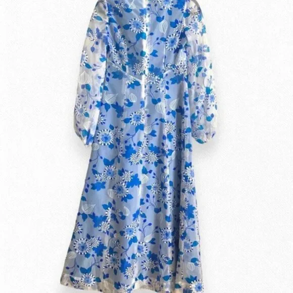 Vintage Rare Prom 70s Handmade Floral Maxi Dress Sky Baby Blue Babydoll Sheer Xs - Picture 8 of 9
